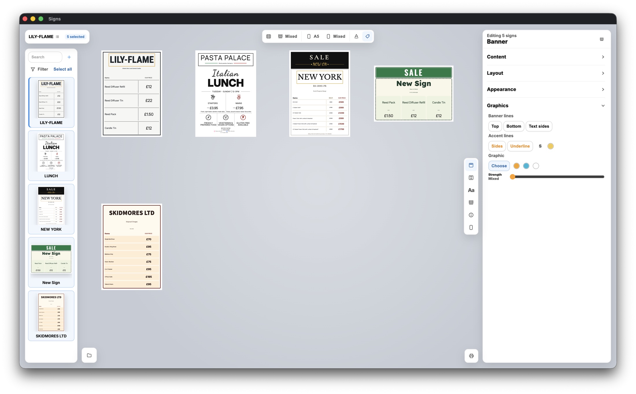 Signs app showing several retail sign projects in one workspace